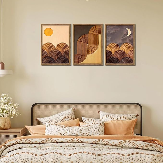 raiqtols Abstract Framed Wooden Canvas Wall Art Set of 3 – Sun Moon Geometric Boho Modern Wall Decor, Golden Brown Mid Century Prints with Wooden Frame for Living Room Bedroom – 16x24in