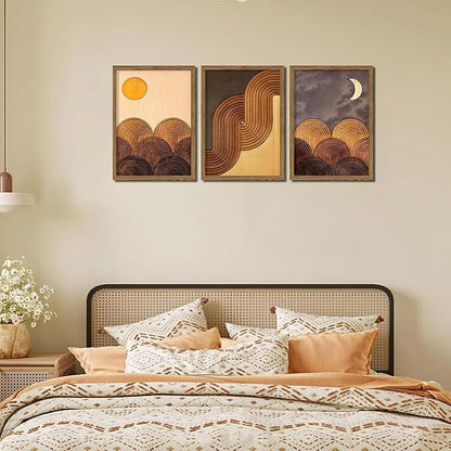 raiqtols Abstract Framed Wooden Canvas Wall Art Set of 3 – Sun Moon Geometric Boho Modern Wall Decor, Golden Brown Mid Century Prints with Wooden Frame for Living Room Bedroom – 16x24in