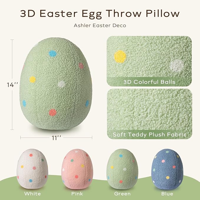 Ashler Egg Shaped Throw Pillow, Spring Home Decor, Teddy Fabric Decorative Cushion with Colorful Polka Dots Embroidery, Soft Pillow for Bedroom Living Room Couch, 14x11 in