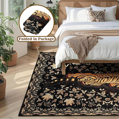 Washable Tiger Area Rugs 5x7Ft, Boho Animal Living Room Bedroom Rugs, Soft Low Pile Jungle Kids Nursery Dining Room Area Floor Carpets for Dorm Playroom Farmhouse Fall Decor, Black/Gold