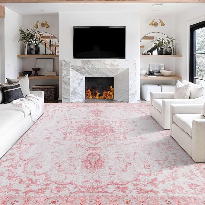 Sofrug 9x12 Area Rug - Vintage Honeycomb Non Slip Backing Area Rugs Pink Soft Faux Wool Carpet Foldable & Machine Washable Rugs for Living Room Bedroom Dining Room Home Office