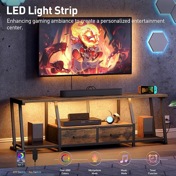 RALGEND LED TV Stand for 75 Inch TV, Entertainment Center with Open Shelves and Power Outlets, TV Console Table with Fabric Drawers, Media Console for Living Room, Bedroom, Rustic Brown and Black