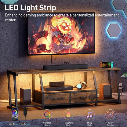 RALGEND LED TV Stand for 75 Inch TV, Entertainment Center with Open Shelves and Power Outlets, TV Console Table with Fabric Drawers, Media Console for Living Room, Bedroom, Rustic Brown and Black