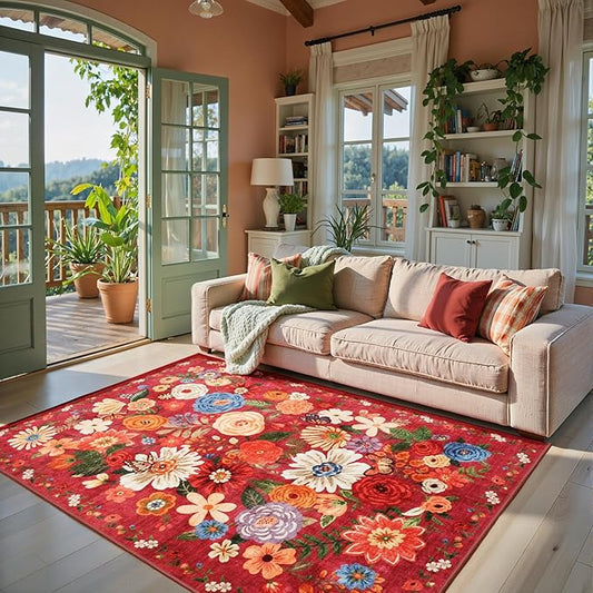 Living Room Rugs, Area Rugs 5x7 Rug for Bedroom Ultra-Thin Soft, Non-Slip Washable Rugs Stain Resistant Boho Rug Low-Pile Throw Rug for Dining Room Office (5 x 7, Red Garden)