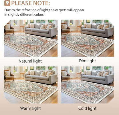 BESTSWEETIE 6x9 Area Rug Washable Rugs for Living Room, No Pile Boho Carpet for Entryway Bedroom Dinning Room, Vintage Carpet Print Distressed Non-Slip, 6 x 9 ft, Green Brick Rust Red