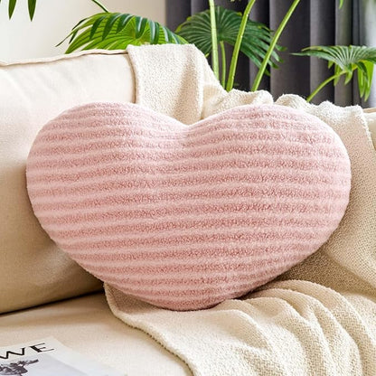 XVTRU Dusty Pink Heart Pillows, 19.6" Cute Heart Decorative Pillow, Stripe Heart Shaped Plush Throw Pillows for Bed