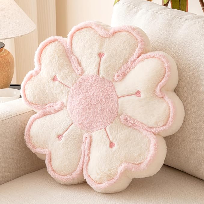 Flower Shaped Decorative Throw Pillow Cushion for Bed Couch, Cute Flower Plush Throw Pillows Home Decor Floor Pillow Seating Cushions (Beige, 17.7 Inches)