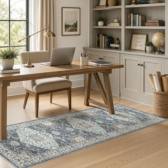 Washable 2x6 Runner Rugs: Non Slip Vintage Blue Yellow Area Rugs for Living Room, Large Soft Stain Resistant Indoor Floor Carpets for Bedroom Dining Room Nursery Home Office Kid & Pet Friendly
