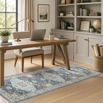 Washable 2x6 Runner Rugs: Non Slip Vintage Blue Yellow Area Rugs for Living Room, Large Soft Stain Resistant Indoor Floor Carpets for Bedroom Dining Room Nursery Home Office Kid & Pet Friendly