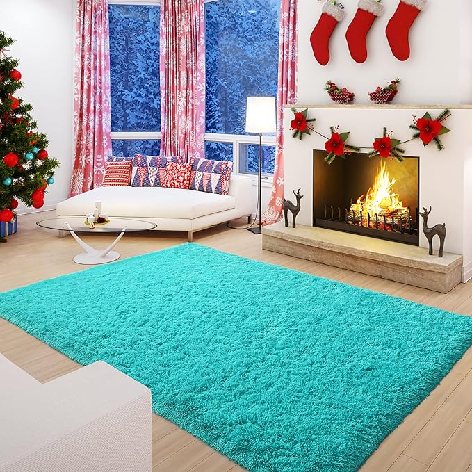 Andecor Soft Fluffy Bedroom Rugs, 5 x 8 Feet Indoor Shaggy Plush Area Rug for Boys Girls Kids Baby College Dorm Living Room Home Decor Floor Carpet, Teal Blue