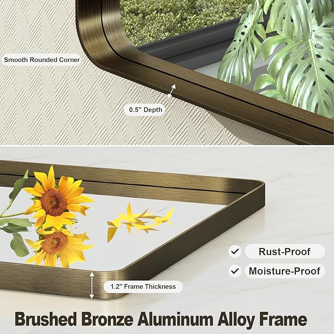 24x36 Inch Bronze Framed Bathroom Mirror, Rectangle Brushed Bronze Metal Vanity Mirror, Small Modern Wall Mirror, Rounded Corner, Tempered Glass, Anti-Rust, Shatterproof (Horizontal/Vertical)