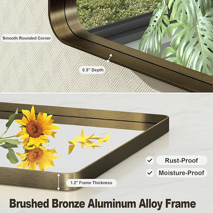 24x36 Inch Bronze Framed Bathroom Mirror, Rectangle Brushed Bronze Metal Vanity Mirror, Small Modern Wall Mirror, Rounded Corner, Tempered Glass, Anti-Rust, Shatterproof (Horizontal/Vertical)