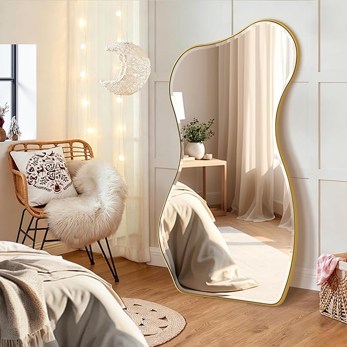 POZINO Irregular Beveled Mirror, 63"x32" Large Asymmetrical Aesthetic Wall Mirror with Metal Frame, Premium Organic Floor Mirrors for Living Room Bedroom Hallway Entryway, Leaning/Wall-Mount