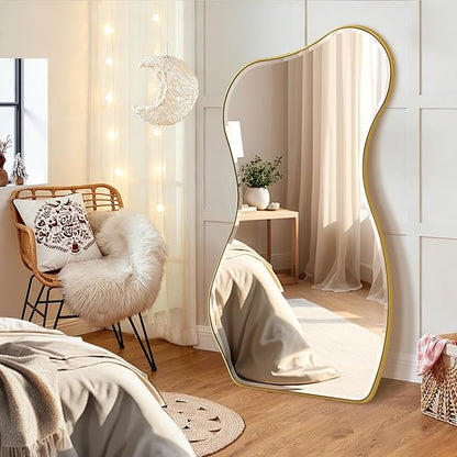 POZINO Irregular Beveled Mirror, 63"x32" Large Asymmetrical Aesthetic Wall Mirror with Metal Frame, Premium Organic Floor Mirrors for Living Room Bedroom Hallway Entryway, Leaning/Wall-Mount