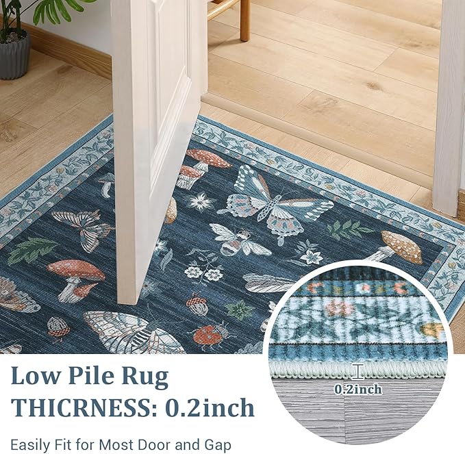 ROYHOME Mushroom Insect Rug 2x6 Runners for Hallways, Boho Kitchen Runner Rugs Non Slip Bath, Modern Washable Rug for Bedroom, Soft Long Rugs for Entryway Bathroom Laundry Dorm, Blue