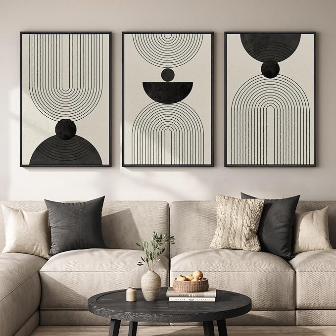 Large Framed Boho Abstract Wall Art for Living Room, 3 Piece Black and White Modern Minimalist Canvas Artwork for Walls, Bauhaus Geometric Prints Wall Decor for Bedroom Home Office Hallway, 24x36 Inch
