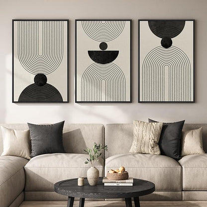 Large Framed Boho Abstract Wall Art for Living Room, 3 Piece Black and White Modern Minimalist Canvas Artwork for Walls, Bauhaus Geometric Prints Wall Decor for Bedroom Home Office Hallway, 24x36 Inch