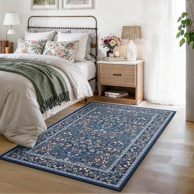 AMADA HOMEFURNISHING 3x5 Entryway Rug Indoor, Non-Slip & Low-Profile Area Rugs with Durable Edge Binding, Floral Pattern, Soft Washable Rug for Bedroom, Entryway and Kitchen