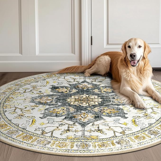 BESTSWEETIE 6ft Area Rug Washable Rugs for Living Room, No Pile Boho Carpet for Entryway Bedroom Dinning Room, Vintage Carpet Print Distressed Non-Slip, 72" Round, Grey Brown