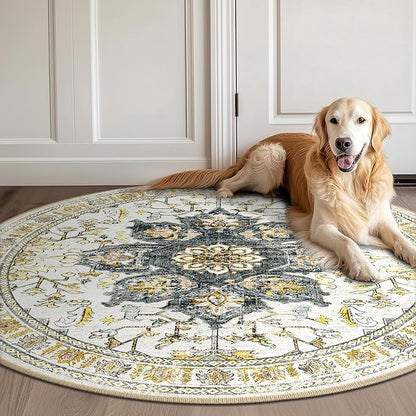 BESTSWEETIE 6ft Area Rug Washable Rugs for Living Room, No Pile Boho Carpet for Entryway Bedroom Dinning Room, Vintage Carpet Print Distressed Non-Slip, 72" Round, Grey Brown