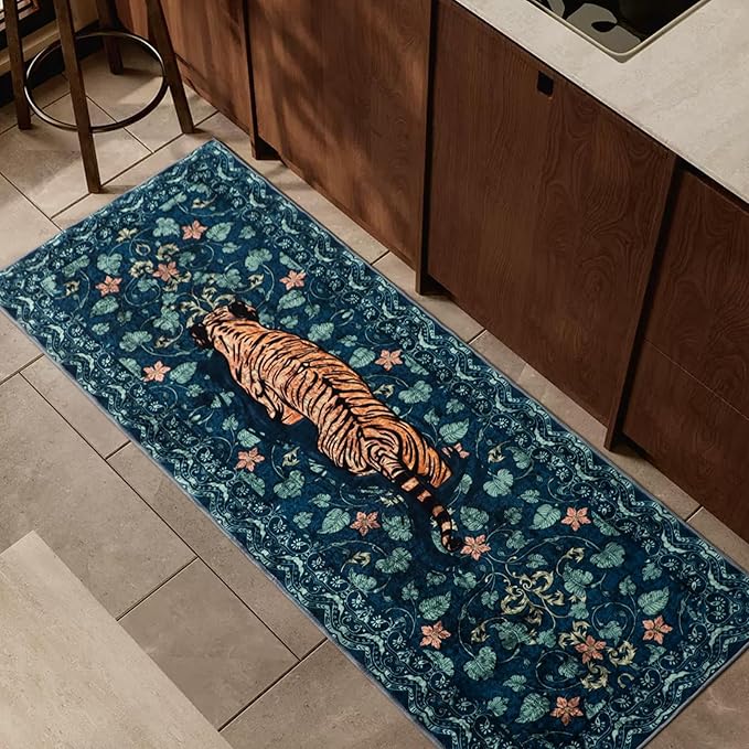 Tiger Rug Runner for Hallways 2x6Ft, Boho Farmhouse Kitchen Laundry Runner Rugs Non Slip, Low Pile Soft Animal Bedroom Floor Carpet for Entryway Laundry Bathroom Spring Summer, Dark Blue