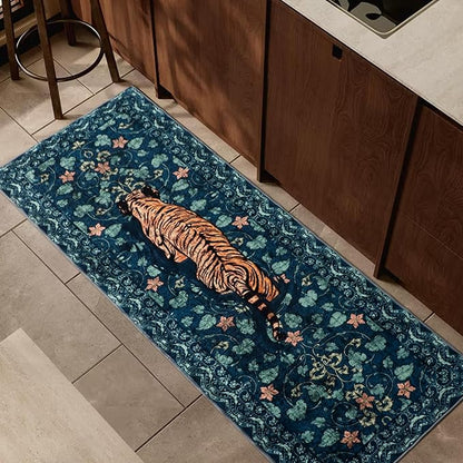 Tiger Rug Runner for Hallways 2x6Ft, Boho Farmhouse Kitchen Laundry Runner Rugs Non Slip, Low Pile Soft Animal Bedroom Floor Carpet for Entryway Laundry Bathroom Spring Summer, Dark Blue