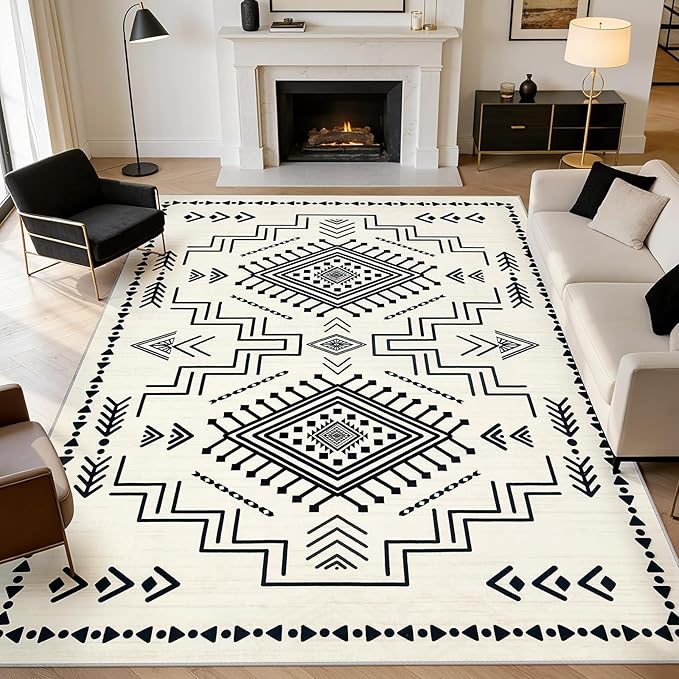 Joydeco Moroccan Rug 8x10 for Living Room, Modern Washable Area Rugs for Bedroom, Low Pile Western Carpet for Dining Room Table, Distressed Aztec Soft Carpet for Office Home Decor, Ivory