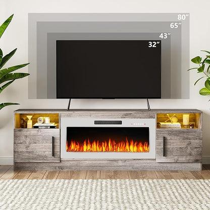 TAVATA 70" Fireplace TV Stand, Modern LED Light Entertainment Center with Storage and 36" Fireplace, Media TV Console for TVs Up to 80", Fire Place TV Stands for Living Room, Grey+White