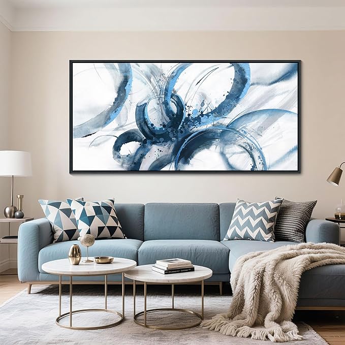 AJAZIKO Blue Abstract Canvas Wall Art for Living Room - Large Modern Navy & White Framed Artwork, Extra Large Bedroom Wall Decor, Sophisticated Office Pictures 30×60IN