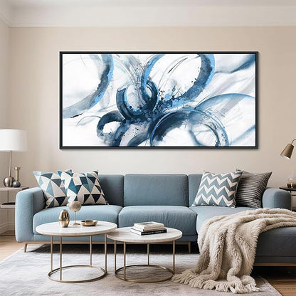 AJAZIKO Blue Abstract Canvas Wall Art for Living Room - Large Modern Navy & White Framed Artwork, Extra Large Bedroom Wall Decor, Sophisticated Office Pictures 30×60IN