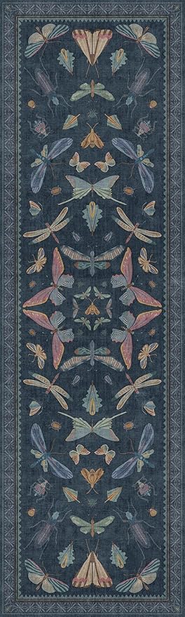 3x10 Vintage Kitchen Rug Runner, Washable Non Slip Hallway Carpet for Entryway Indoor, Dark Blue Moth Insect Design, Soft Low Pile Mat