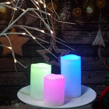 CANDLE CHOICE Waterproof Outdoor Color Changing Flameless Candles Remote Timer Realistic Flickering Battery Operated Fake Electric LED White Plastic Pillars for Wedding Christmas Decoration 3 Pack