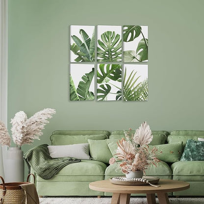 HoozGee Framed Botanical Wall Art Prints Built-in Wooden Frame Tropical Leaves Canvas Plant Leaf Boho Pictures Green Art Posters for Bedroom Living Room (8"x12" FRAMED)