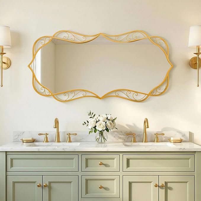 Besdomus Gold Bathroom Large Mirror: 24"x48" Scalloped Modern Large Vanity Mirror for Wall - Farmhouse Decorative Vertical or Horizontal Hanging - Wall Decor for Bathroom/Fireplace/Bedroom/Living Room