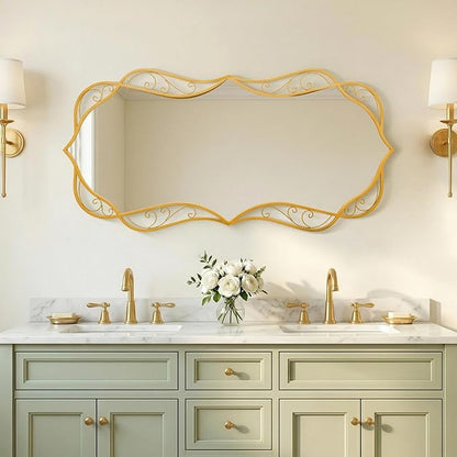 Besdomus Gold Bathroom Large Mirror: 24"x48" Scalloped Modern Large Vanity Mirror for Wall - Farmhouse Decorative Vertical or Horizontal Hanging - Wall Decor for Bathroom/Fireplace/Bedroom/Living Room