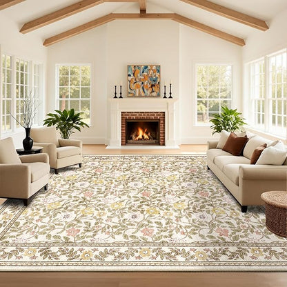 9x12 Floral Area Rug for Living Room Non Slip,Soft Low Pile Stain Resistant Washable Girls Bedroom Large Vintage Rugs,Beige/Multi
