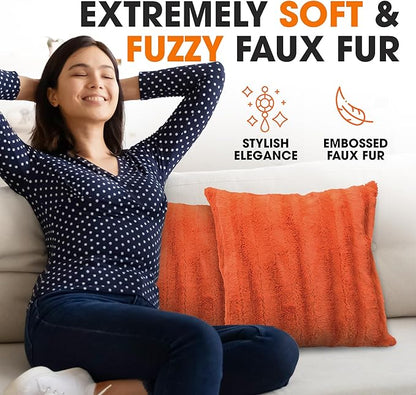 Cheer Collection Fall Decorative Throw Pillows for Couch – Set of 2 Faux Fur Fall Pillows for Couch, Cozy Fall Couch Pillows for Living Room or Bed, Soft, Rust Accent Pillows, 22"x22"