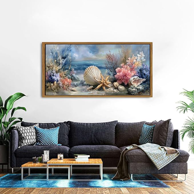 Ocean Beach Framed Wall Art Coastal Room Decor Rustic Starfish Seashell Landscape Picture Canvas Prints for Living Room Coral Flowers Decor Seaside Conch Poster Sea View Artwork Home Decoration 30x57.8"