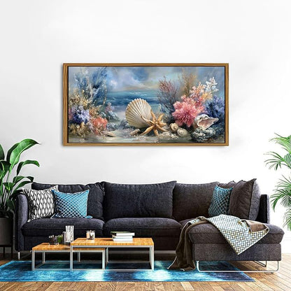 Ocean Beach Framed Wall Art Coastal Room Decor Rustic Starfish Seashell Landscape Picture Canvas Prints for Living Room Coral Flowers Decor Seaside Conch Poster Sea View Artwork Home Decoration 30x57.8"