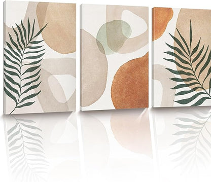HesenDot Abstract Botanical Wall Art Set of 3, 30x40CM Neutral Plant Framed Canvas Prints, Beige Green Boho Aesthetic Wall Decor for Living Room Bedroom Bathroom Office Home