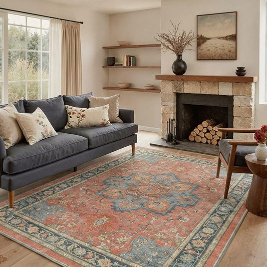 GENIMO 8x10 Area Rugs for Living Room, Machine Washable Rug, Non Slip Indoor Vintage Carpet, Low Pile Lightweight Chenille Print Carpet for Bedroom Dining Room Home Office, Dusty Terracotta