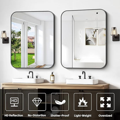 Bathroom Mirror, 30 x 24 inch Metal Framed Black Rectangle Mirror, Rounded Corner Rectangular Vanity Mirror, Wall Mounted Mirror for Modern Bedroom Living Room Hangs Horizontal or Vertical