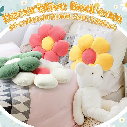 Coume 4 Pcs Flower Pillows 15" Plush Flower Shaped Pillows Daisy Floor Throw Cute Seat Cushion for First Day of School Bed Sofa Couch Chair Office Room Back to School Classroom Decor(Bright Colors)