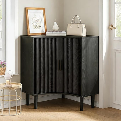 Lxsxlome Fluted Corner Cabinet, Small Corner Floor Cabinet with Sliding Doors and Adjustable Shelves, Modern Wooden Freestanding Narrow Storage Organizer for Small Space,Living Room (Black, 29.5" H)