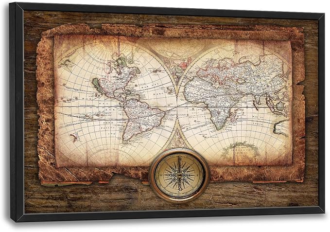 Large World Map Wall Art Vintage Maps Pictures Wall Decor for Office Abstract Farmhouse Oversized Canvas Painting Rustic Extra Large Framed Artwork for Bedroom Living Room Ready to Hang 24"x36"