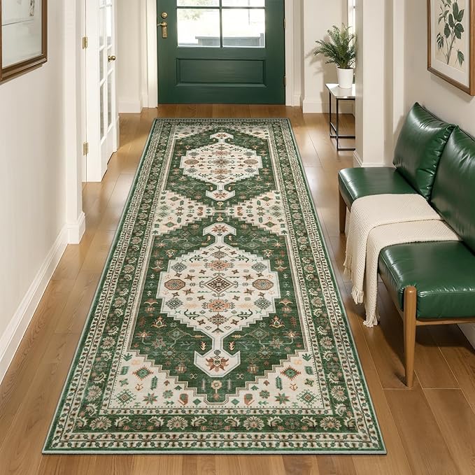 Tangsoo Vintage 2x6 Washable Runner Rug for Hallways,Boho Non-Slip Runner Mat,Green Beige Non-Slip Low Pile Long Rug Runner Carpet for Kitchen Bedroom Entryway Laundry