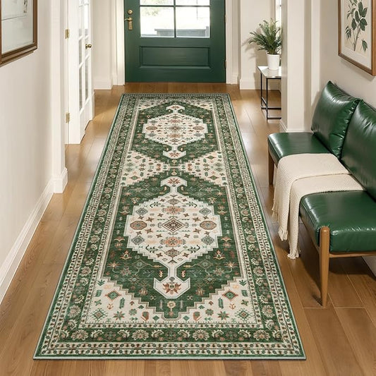 Tangsoo Vintage 2x6 Washable Runner Rug for Hallways,Boho Non-Slip Runner Mat,Green Beige Non-Slip Low Pile Long Rug Runner Carpet for Kitchen Bedroom Entryway Laundry