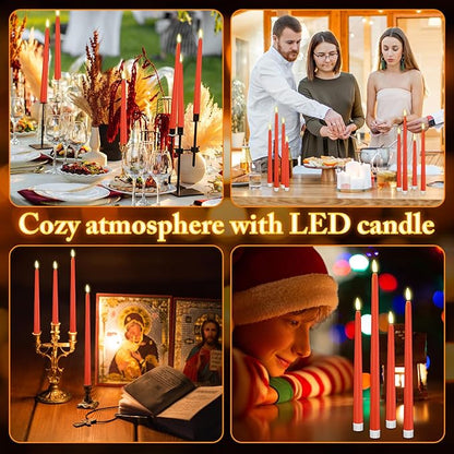 Rossesay 28 Pcs Flameless Taper Candles with Timer Remote 4 Sizes of 8.5", 9.6", 10.83", 12.8" LED Flickering Taper Candles Battery Operated for Valentine's Day Church Wedding Home Decor(Orange)