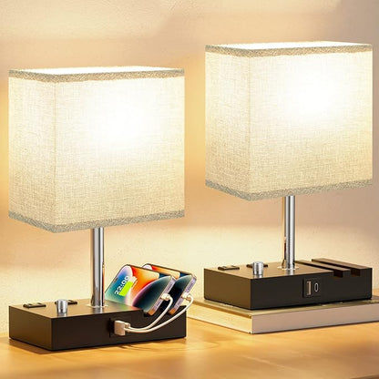 Kakanuo Fully Dimmable Bedside Lamps for Bedroom with USB C Ports, Grey USB Table Lamp Set of 2, Wooden Desk Lamp with 2 Charging Outlets and Phone Stand for Nightstand and Living Room, Bulb Included