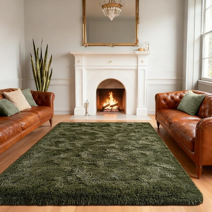 Andecor Shag Area Rug for Living Room, 6x9 Feet Olive Green Soft Fluffy Indoor Plush Throw Rugs for Bedroom Girls Kids Room Nursery Dorm Home Decor Carpet